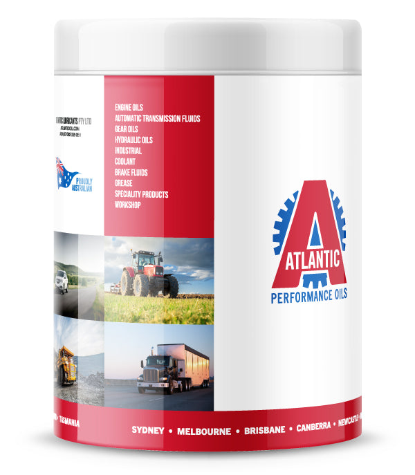 A 20-litre plastic drum of Atlantic Performance Oils, featuring the company logo, a list of oil products, and images of heavy-duty vehicles and machinery. The drum is white with red and blue branding and mentions Australian locations such as Sydney, Melbourne, and Brisbane.